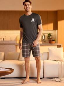 SHEIN Men's Contrast Color Casual Brown Plaid Pattern Summer Home Sleep Shorts - Khaki - View 1