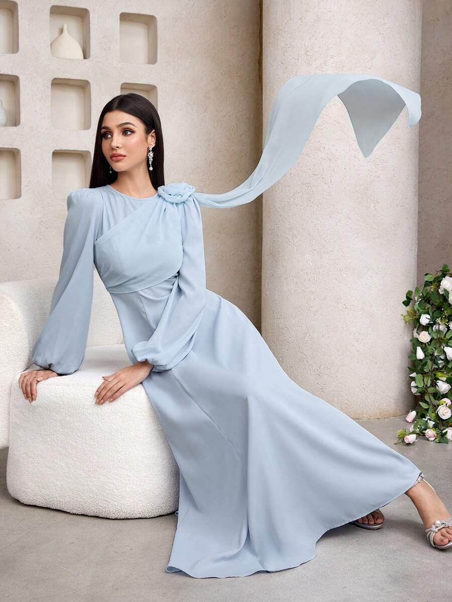 Veilorie Women's Elegant Solid Color 3D Floral Decoration Dress - Blue - View 1
