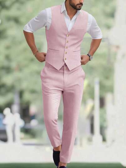 Manfinity Bizformal Costum bărbătesc cu decolteu în V, culoare solidă, vestă și pantaloni, costum casual, costum roz, smoking roz, costum roz, vestă roz, costum cu pantaloni roz. Un cadou minunat pentru un iubit sau soț.