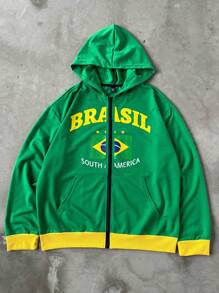 Manfinity EMRG Sudadera con capucha de manga larga con cremallera y estampado de letras de colores contrastantes para hombre