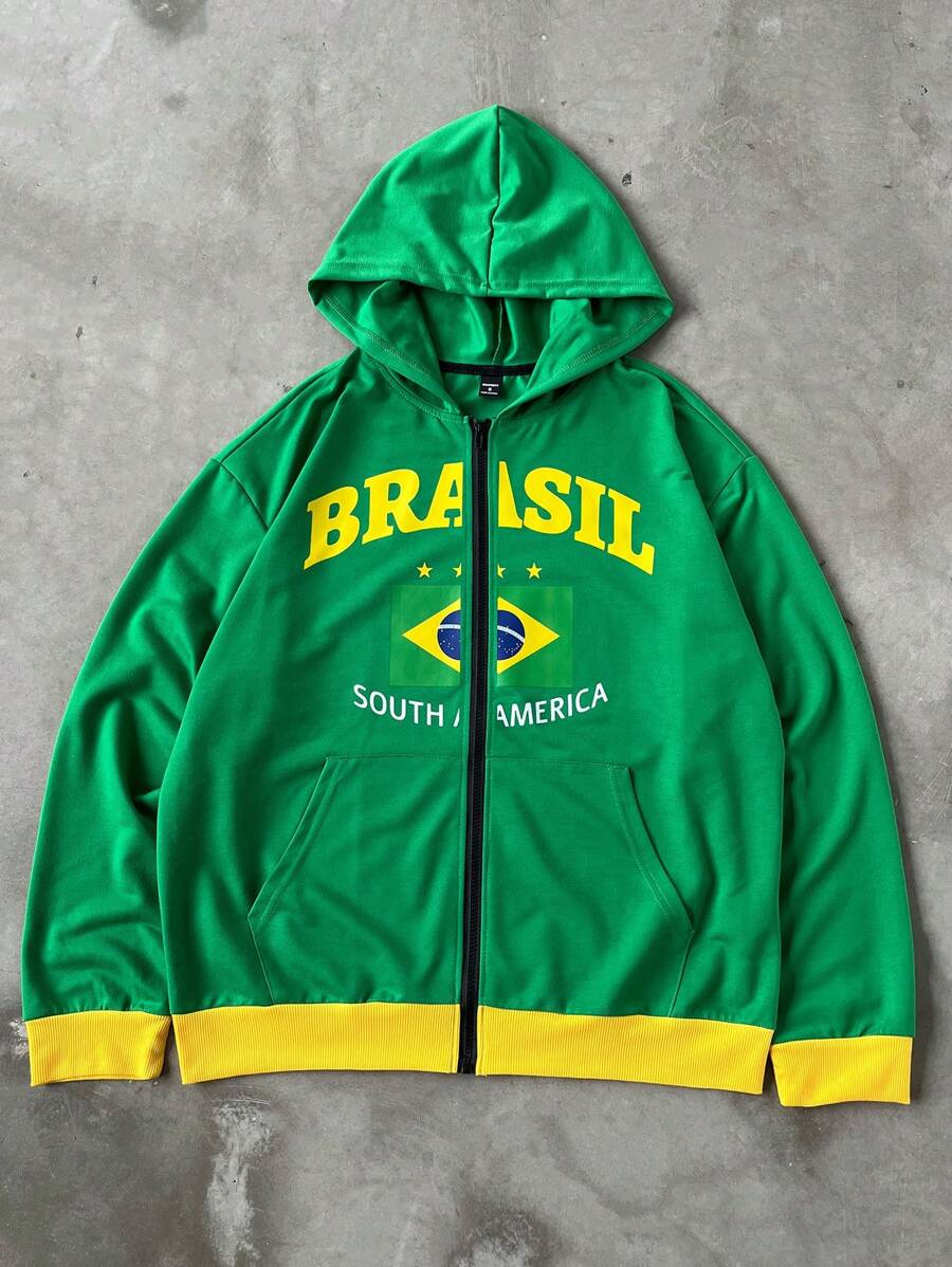 Manfinity EMRG Sudadera con capucha de manga larga con cremallera y estampado de letras de colores contrastantes para hombre
