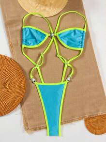 Swim SXY Beach Summer Outfits For Women, One-Piece Sexy Bikini Swimsuit With Shoulder Straps And Thong Bottom, European & American Style