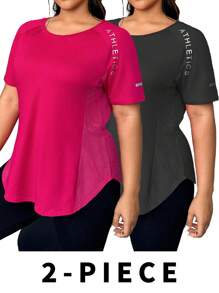 Easithlete 大码不对称下摆字母印花夏季运动短袖 T 恤 大码健身上衣 大码运动服上衣 曲线运动服上衣 大码运动上衣 曲线健身上衣 大码运动上衣 曲线健身衬衫 2 件套 健身房女士衬衫