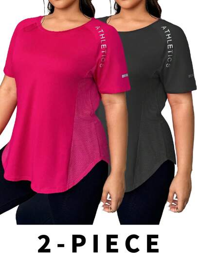 Easithlete Plusstorlek asymmetrisk fåll bokstavstryck sommarsport kortärmad t-shirt plusstorlek träningstoppar plusstorlek träningstoppar kurviga träningstoppar plusstorlek atletiska toppar kurviga träningstoppar plusstorlek aktiva toppar kurviga träningströjor 2 stycken gymdamskjortor