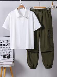 Vacaura 2 件青少年男孩套装：Polo 衫和宽松裤子，柔软舒适，百搭韩版风格