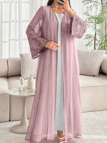 SHEIN Najma Arabic Style Floral Embroidery Open Front Abaya Robe With Beaded Cuffs, Lightweight For Spring/Summer - Dusty Pink - View 6