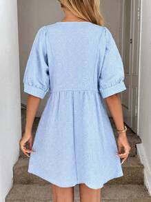 Easowa Summer Romantic Delicate Jacquard Blue V-Neck Bubble Dress, Suitable For Dating And Going Out  Summer Dress Vacation Dress Graduation Dresses For Women Lace Dress Tea Party Dress Fairy Dress - Blue - View 2