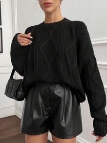 SHEIN Solid Color Twist Knit Crew Neck Casual Versatile Long Sleeve Pullover Sweater Knit Sweater Black Sweater Cable Knit Sweater,Jumper,Cream Jumper,Jumpers For Women,Jumpers,Womens Jumper,White Jumper,Women's Jumper,Women's Jumpers,Winter Clothes