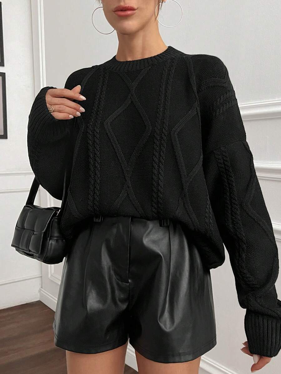SHEIN Solid Color Twist Knit Crew Neck Casual Versatile Long Sleeve Pullover Sweater Knit Sweater Black Sweater Cable Knit Sweater,Jumper,Cream Jumper,Jumpers For Women,Jumpers,Womens Jumper,White Jumper,Women's Jumper,Women's Jumpers,Winter Clothes