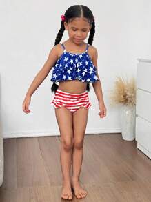 SHEIN 2pcs Set Young Girl Knitted Starry Ruffle Trim Tankini Swimsuit & Shorts - Blue - View 3