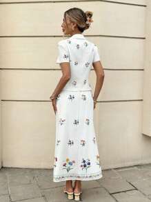 SHEIN Frenchy Women All White Floral Print Short Sleeve Top And Mini Skirt Casual Two Pieces Set White Floral Dress Women White Midi Dress Summer Midi Dress White Summer Dress Embroidered Floral Dress