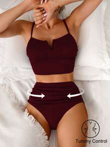 Shapewave Bộ đồ bơi bikini và áo hai dây vải họa tiết mùa hè cho nữ - Màu Đỏ Sâu - Xem 1