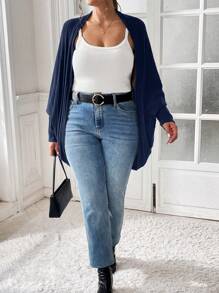 SHEIN Essnce Áo len cardigan dáng rộng không cài nút màu đen, áo len cardigan dáng rộng, áo len cardigan dáng rộng siêu rộng cho nữ - Màu xanh hải quân - Xem 5