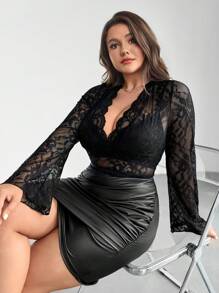 Firerie Plus Size Women's Lace Sheer Long Sleeve Top, Going Out - Black - View 7