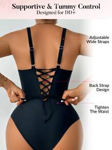 Swim DD+ Solid Color Sexy One-Piece Swimsuit For Beach/Resort For Summer Beach Vacation - Black - View 3