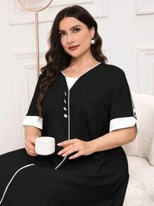 Al Najma Casual Loose Contrast Color Short Sleeve Plus Size Arabian Dress For Women - Black and White - View 4