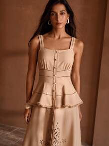 MOTF PREMIUM LASER CUT PEPLUM WAIST RAW EDGE MIDI DRESS - Brown - View 4