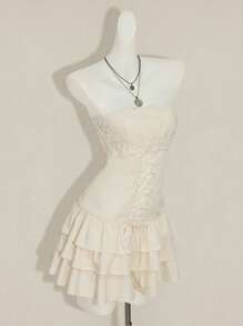 SHEIN ICON Y2k 外出西部波西米亚嬉皮米色露肩荷叶边无袖蕾丝拼布下摆纯色吊带背心连衣裙 - 杏色 - 查看 7