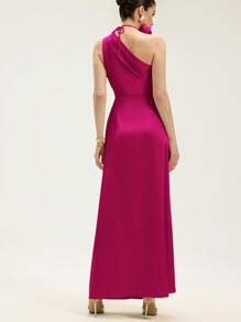 Revavyn 浪漫派对轻盈雪纺连衣裙，不对称领口，腰部褶饰设计，贴合腰部，领口系带细节，女士超长无袖 - 玫紅色 - 查看 2