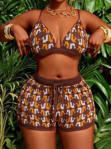 Veslaya Plus Size Women Full Print Sleeveless Knitted Tank Top And Woolly Shorts Sexy 2 Pieces Set - Multicolor - View 10