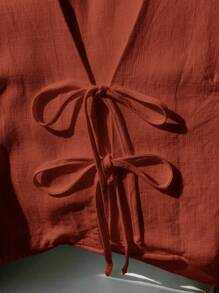 Comfortcana Áo sơ mi không tay buộc dây phía trước màu trơn đơn giản dành cho nữ - màu nâu - Xem 5