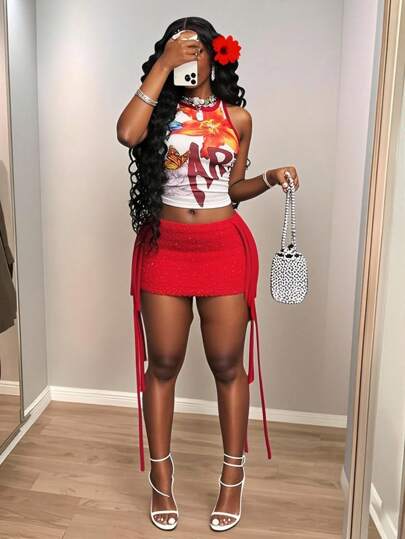 Slaydiva 2025 New Summer Music Festival Boho Women's Clothing, Western Style, Nomadic Vibe, Party, Pool Sexy Vacation, Cruise Travel, Beach, Sunbathing, Fashion, Vacation, Sweet, Sexy, Cute, Casual, Floral & Letter Print Red Contrast Trim Round Neck Sleeveless Women Tank Top