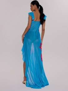 MUSERA V领荷叶边领口印花网纱不对称下摆开衩长裙，适合夏季度假、婚礼、毕业典礼、正式场合、假日、夜晚外出、约会等场合，优雅长裙。 - 彩色 - 查看 3