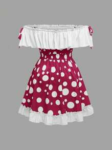 SHEIN MOOSTA Váy chữ A hở vai in hình nấm dễ thương cỡ lớn - Màu Hồng Tươi - Xem 1