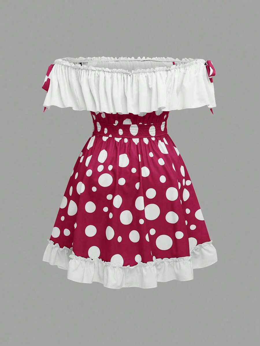 SHEIN MOOSTA Váy chữ A hở vai in hình nấm dễ thương cỡ lớn - Màu Hồng Tươi - Xem 1