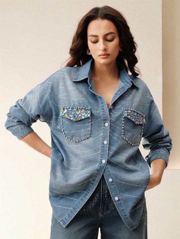 Anewsta Women's Fashion Rhinestone-Embellished Drop Shoulder Denim Blouse