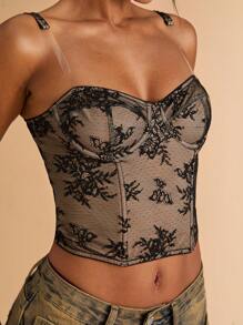 SHEIN BAE Damen Mesh Patchwork gestickte Fischgrätenmuster Lässig Trägerhemd