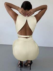 Firerie 女士优雅简约别致性感浪漫通勤音乐节派对约会之夜露背无袖上衣和褶皱阔腿裤黑色 2 件套 - 卡其色 - 查看 6