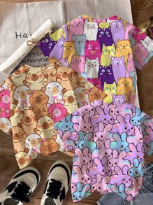 Tween Girls 3-Piece Set: Casual Minimalist Colorful Cartoon Rabbit Printed, Muted Butterfly & Piplup Printed, Colorful Cartoon Cat Printed, Round Neck Short Sleeve T-Shirt Multiple Pieces, Suitable For Summer Bliss, Vacation Kidswear, Holiday Feels, Walk In Style, Color Pop, Grad Ready, Holiday Season