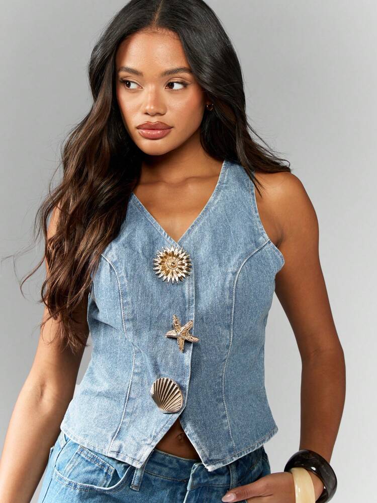 MISSGUIDED Vintage Inspired Denim Waistcoat Shell Decorative Buttons Sleeveless Summer Festival Western Coastal Resort Vest