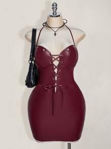 SHEIN ICON 加大码露背深 V 领交叉露背修身 PU 皮革紧身连衣裙，Y2K 性感 PU 皮革紧身连衣裙 - 酒紅色 - 查看 1