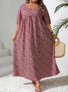SHEIN CURVE+ Vestido holgado de mujer talla grande con estampado floral pequeño, escote en V y mangas cortas tipo babydoll,vestido árabe, ropa árabe, vestimenta bohemia para vacaciones de verano / país / playa, atuendos de playa, ropa de playa