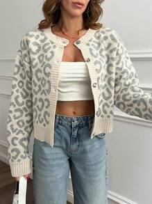 EURMUSE 女式豹纹前扣罗纹开衫 - 彩色 - 查看 6