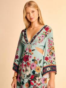 CAJUNI Đầm ngắn hở lưng cổ chữ V in họa tiết hoa nhiệt đới Boho dành cho nữ - Nhiều màu - Xem 4