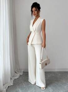 Elenzga Women's Elegant Office Commute Afternoon Tea Party Asymmetric Hem Sleeveless Blazer Jacket & Stretchy Waist Band Pants 2 Pieces Suit Set, Spring/Summer