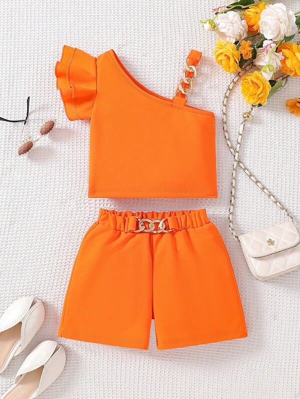 2pcs/Set Young Girls Black Fashion Spaghetti Strap Top With Gold Accent And Elastic Waist Loose Shorts Outfit, Suitable For Casual Daily And Party, Summer Girls Orange Outfit Girls Orange Two Piece Set Orange Two Piece Set Kids Girls Shorts Sets One Shoulder Casual Short Pants Set Teen Orange