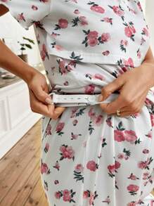 SHEIN Post Partum Lounge Set Romantic Printed Milk Silk Contrast Lace Comfortable Maternity Pajamas