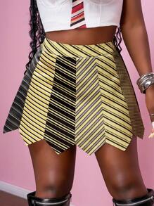Slaydiva Minifalda de verano 2025 de estilo informal callejero de novia, estilo punk con empalmado de corbata, estampado de rayas, dobladillo irregular, silueta evasé, falda de mujer