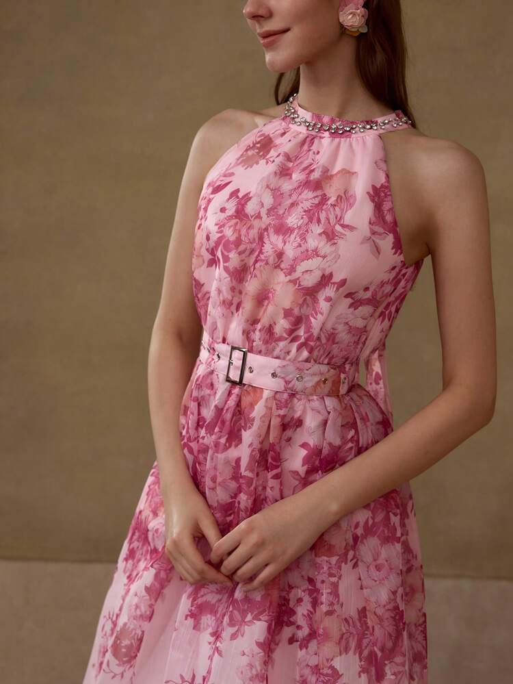 WOMEN'S ELEGANT HALTER FLORAL PRINT DRESS