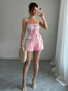 Elenzga 2pcs Set: Blue Striped Ruffle Hem Tie Front Crop Top + Elastic Waist Shorts, Suitable For Summer Vacation - Pink - View 6