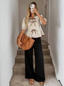 Easowa 女士休闲泡泡袖撞色蝴蝶结衬衫，日常基本款短袖上衣，春夏