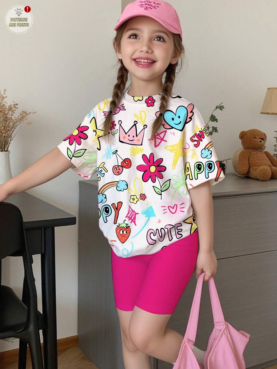 SHEIN 2 件女孩休闲可爱卡通涂鸦星星、心形、花朵、彩虹、樱桃、快乐文字印花短袖 T 恤和短裤套装，夏季 - 彩色 - 查看 1
