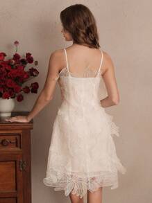 Savoree 米色优雅浪漫派对珍珠装饰腰部收紧甜美芭蕾舞风格女式短裙、婚礼宾客礼服、仙女裙、露肩 - 杏色 - 查看 7