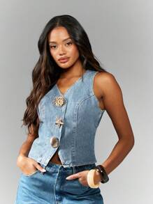 MISSGUIDED Vintage Inspired Denim Waistcoat Shell Decorative Buttons Sleeveless Summer Festival Western Coastal Resort Vest - Light Wash - View 3