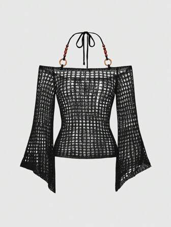 Fairycore Y2K Vintage Perforated Design Wood Bead Decor Loose Knit Sweater, Versatile