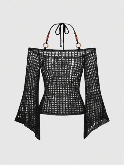 Fairycore Suéter de punto holgado con decoración de cuentas de madera con diseño perforado, versátil, estilo Vintage Y2K